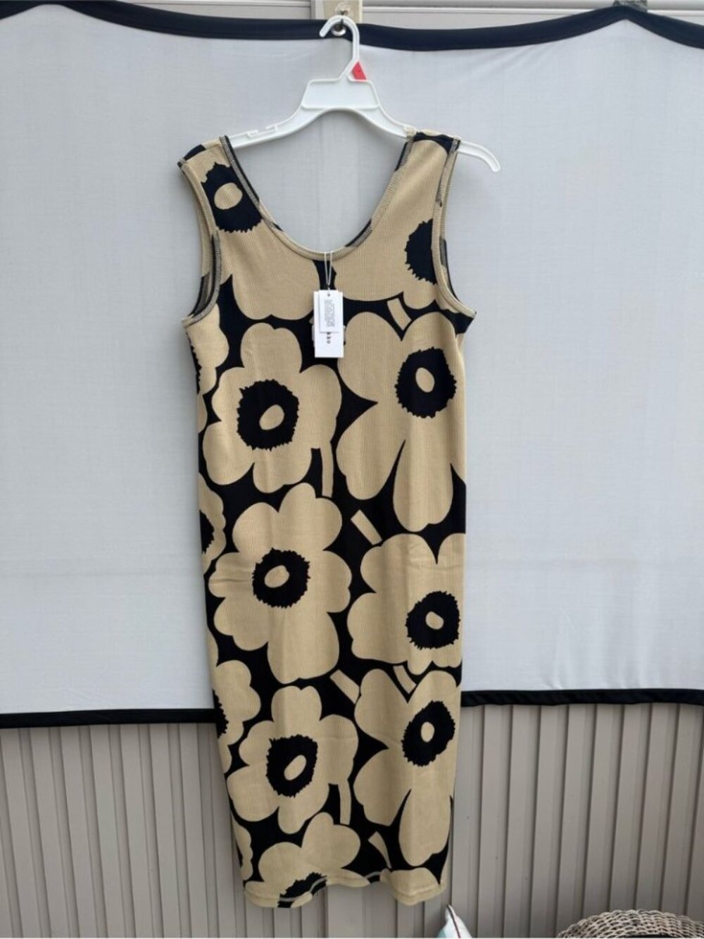 MARIMEKKO Simpukka Unikko Rib Floral Cotton Tank Dress in Beige Black NWT - Picture 8 of 11